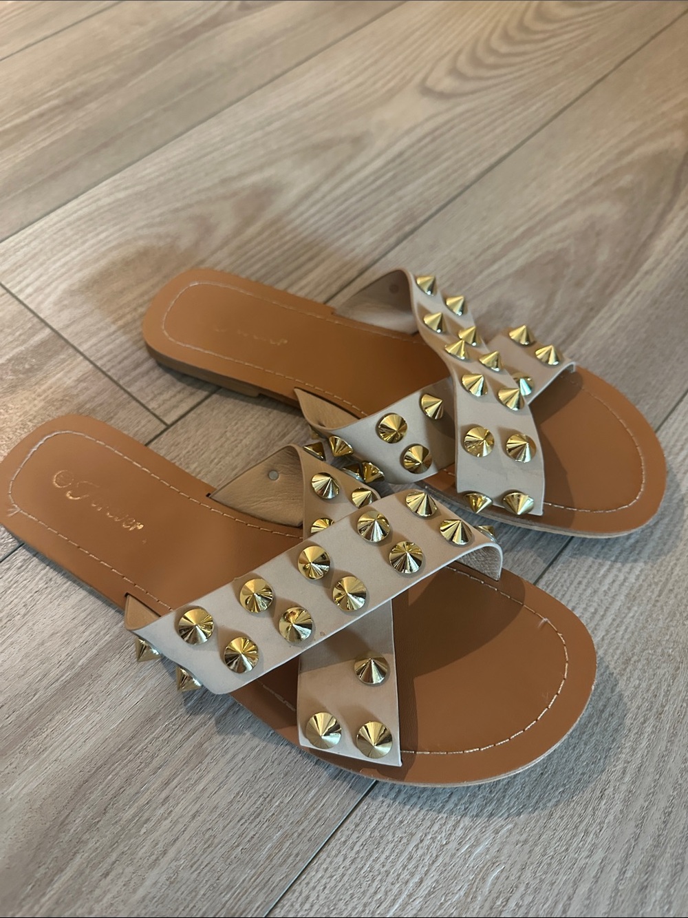 Gold-Studded Beige Slide Sandals